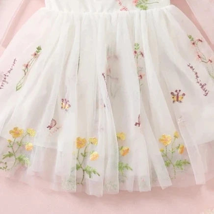 Floral Embroidered Tulle Romper for Toddler Girl, Bubble Puff Sleeve Baby Dress First Birthday Party, Toddler Flower girl dress Classic White