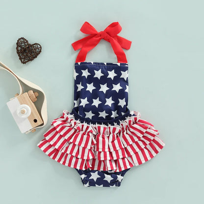 Infant Baby Girl Romper Dress for Independence Day, Striped and Stars Backless Jumpsuits