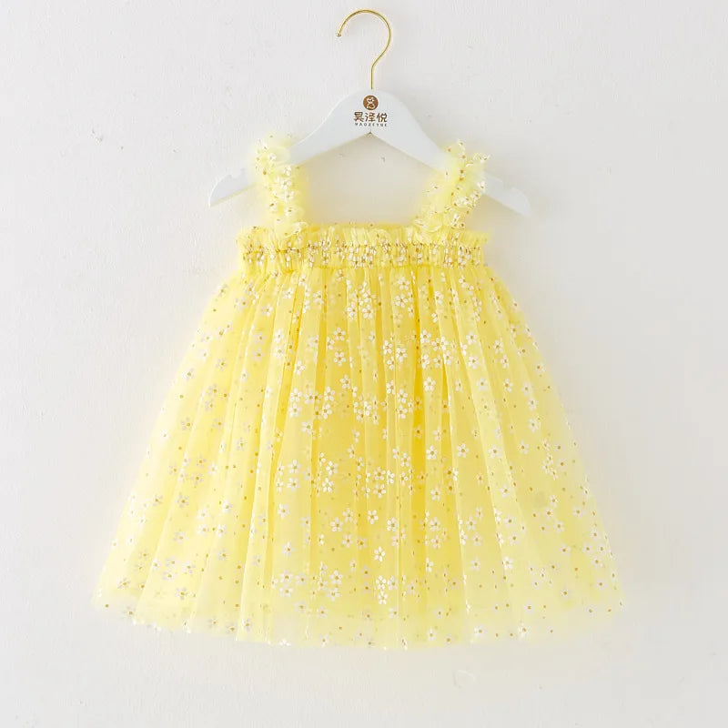 Yellow floral infant outfit. Daisy Baby Girl Tulle Dress for Special Occasion, Toddler Fairy Princess First Birthday Outfit Easter