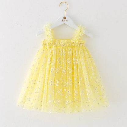 Yellow floral infant outfit. Daisy Baby Girl Tulle Dress for Special Occasion, Toddler Fairy Princess First Birthday Outfit Easter