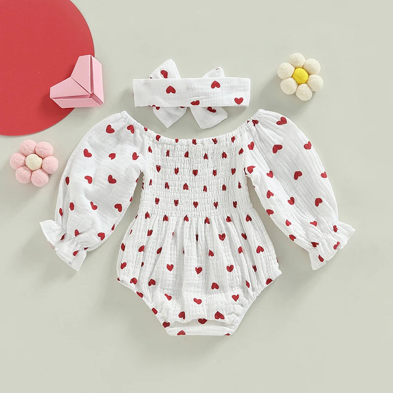 Valentines Days Baby Girl Cute Bubble Romper with Hairband, Cotton Muslin White Bodysuit Hearts