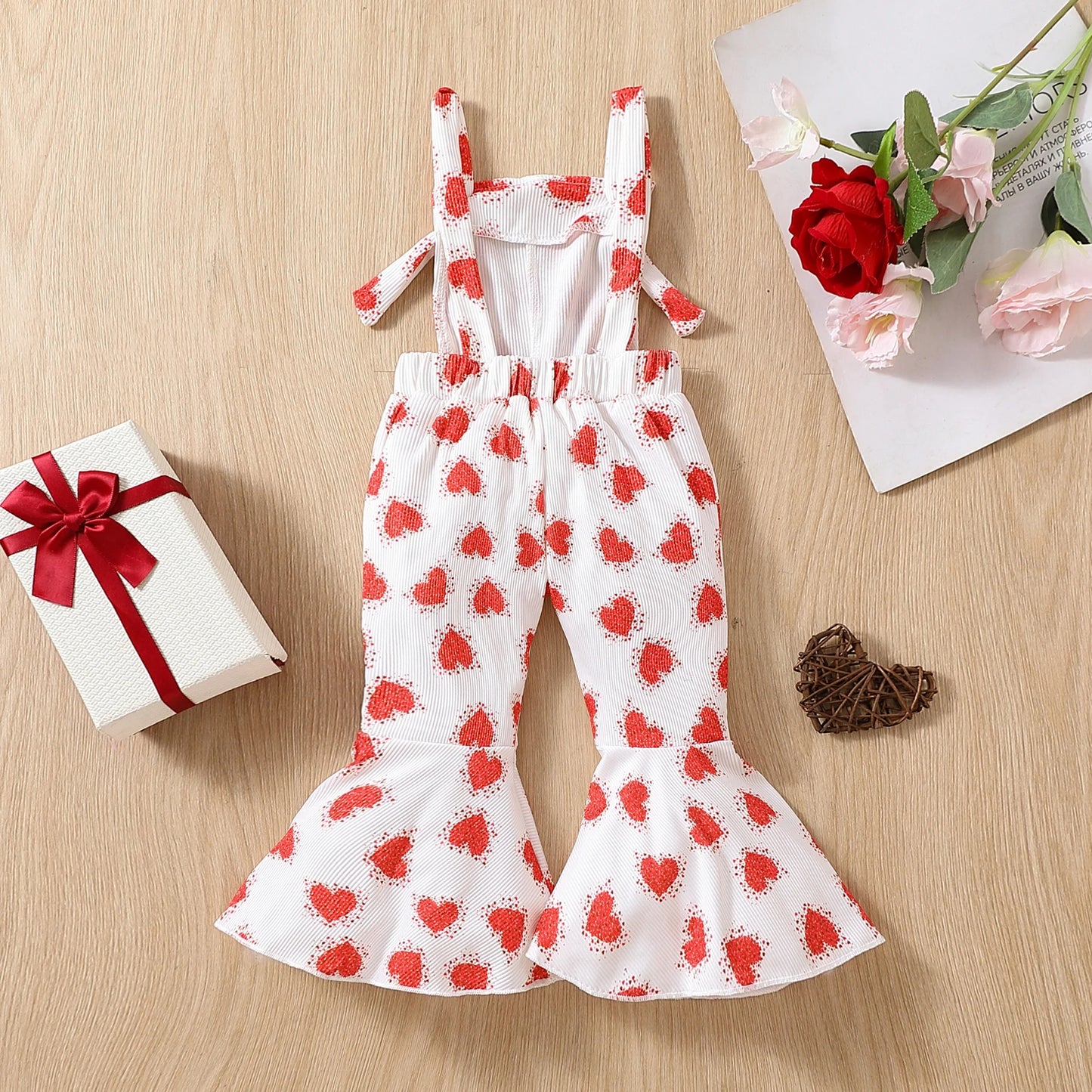 Bell Bottoms Baby Girl Overall with Hearts Print, Valentine's Day Outfit for Toddler and Kids