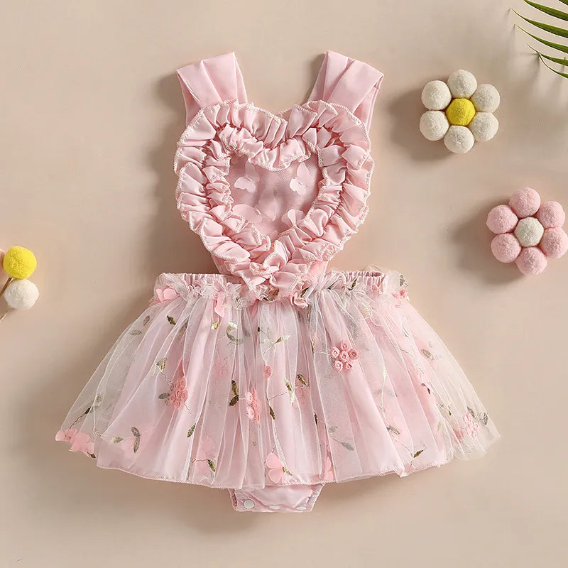 Valentines Day Baby Girl Romper Heart, Floral Embroidered Tulle Dress for Newborn and Toddler