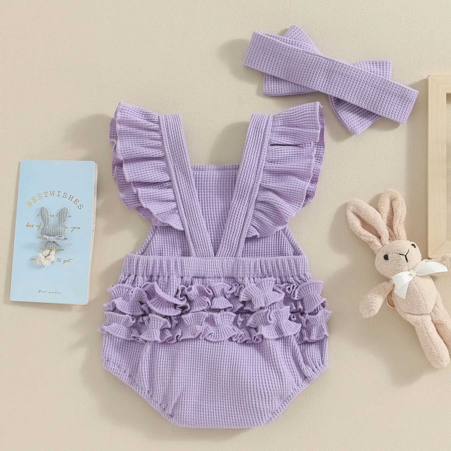 Cute Easter Baby Girls Romper with Little Bunny Rabbit, Newborn Ruffle Bodysuit with Headband purple