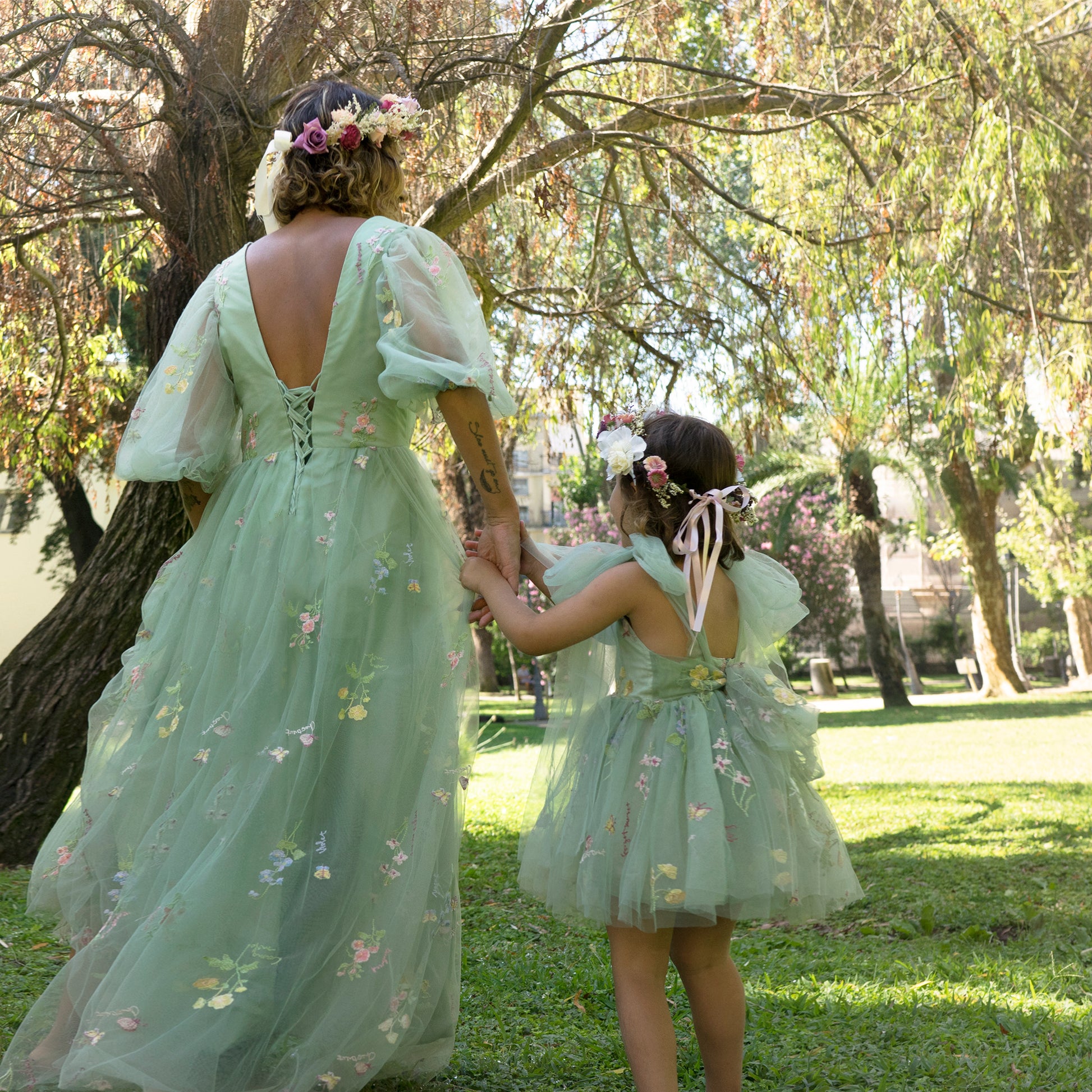 Sage Green Wedding Outfit for Mom and Daughter, Matching Tulle Dresses for Flower Girl, Baby and Toddler, Junior Bridesmaid and Bride