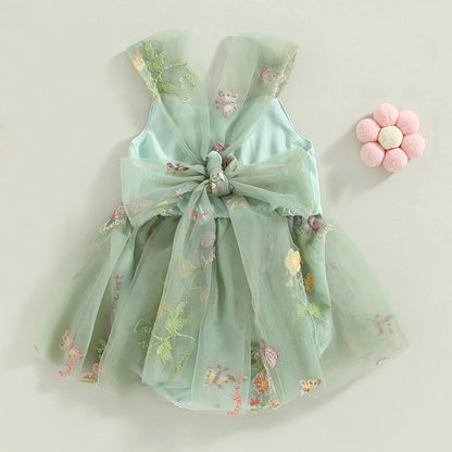 Sage Green Baby Girl Tulle Romper Dress with Floral Embroidery, Toddler Wedding Outfit