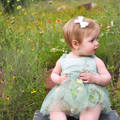 Sage Green Baby Girl Tulle Romper Dress with Floral Embroidery, Toddler Wedding Outfit