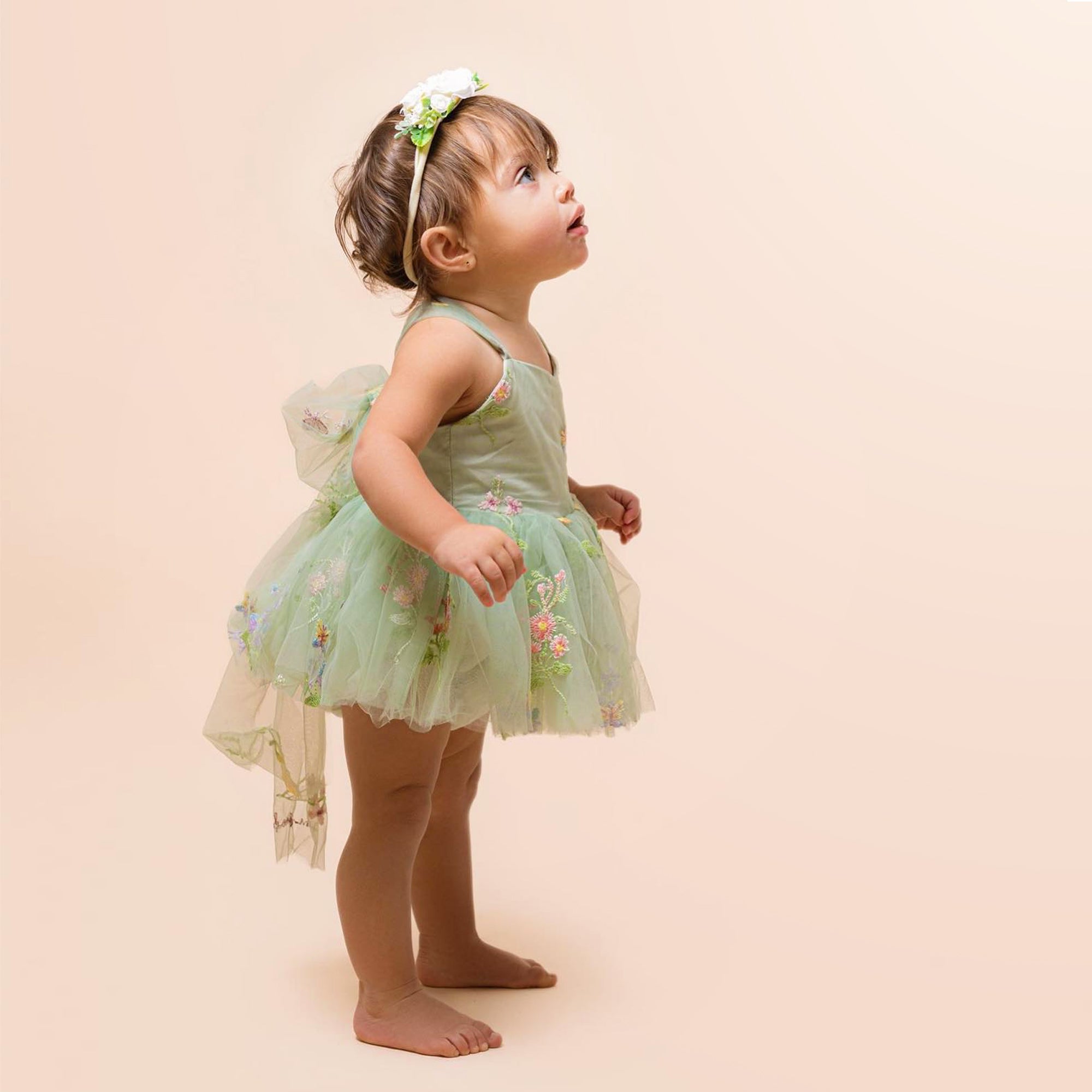 Sage Green Baby Girl Tulle Romper Dress with Floral Embroidery Toddler Wedding Outfit