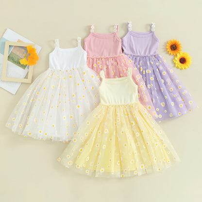 Mesh Tulle Daisy Sundress for Toddler Girl, Sleeveless Summer Birthday Party Dress, Baby Clothes