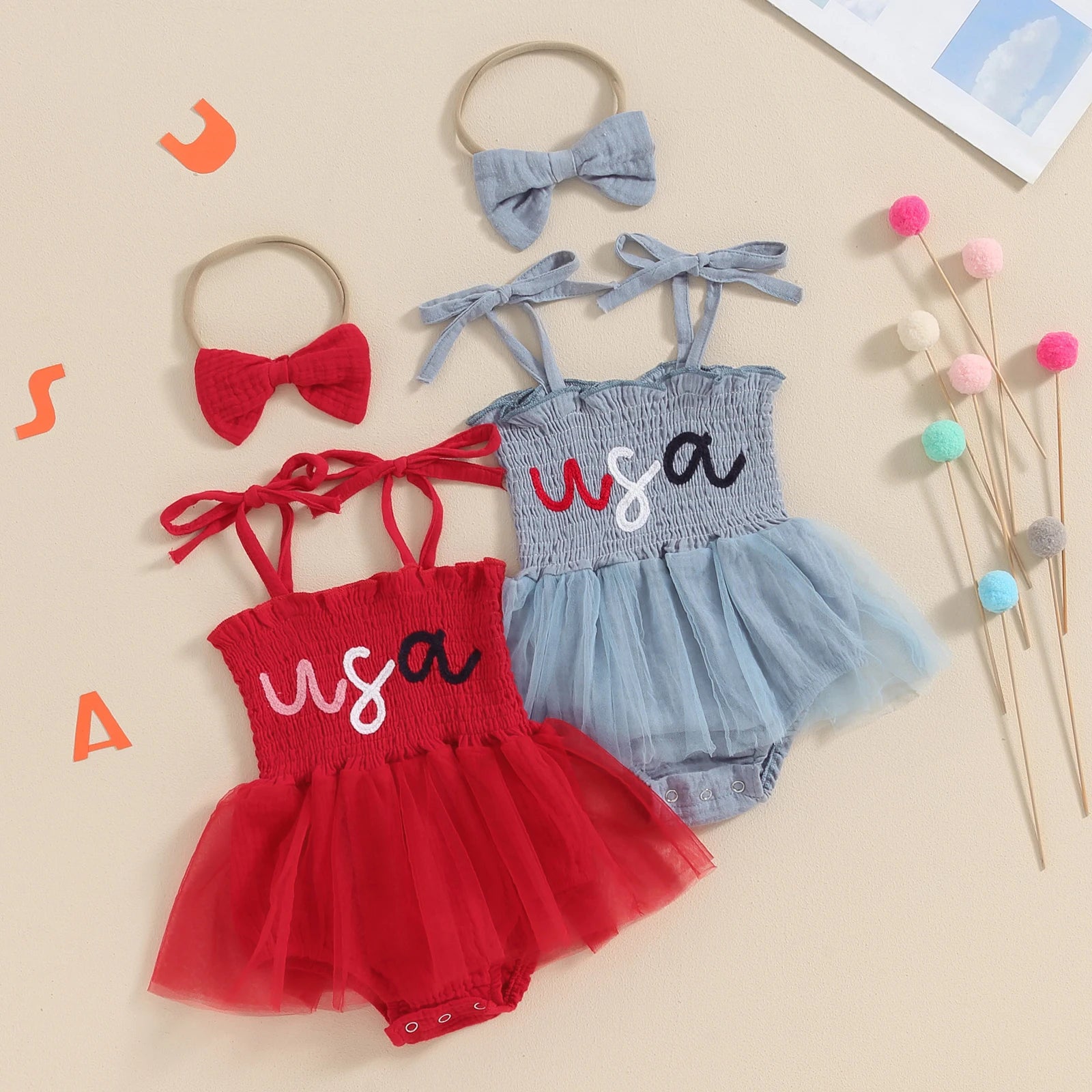 First Independence Day Baby Girl Dress Romper, Summer Tulle Dress + Headband for 4th of July Photoshoot