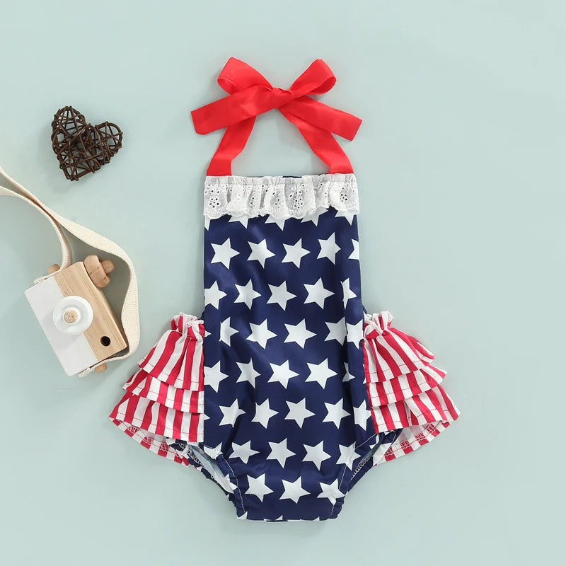 Infant Baby Girl Romper Dress for Independence Day, Striped and Stars Backless Jumpsuits