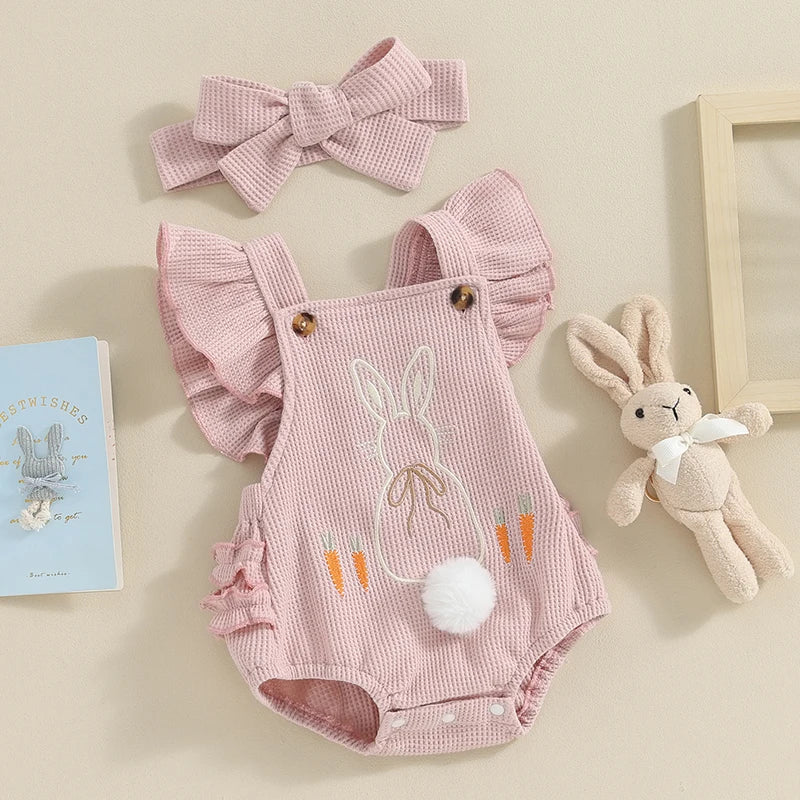 Cute Easter Baby Girls Romper with Little Bunny Rabbit, Newborn Ruffle Bodysuit with Headband pink