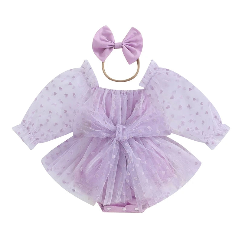 Valentine's Day Infant Outfit with Bow Headband, Long Puff Sleeve Mesh Tulle Romper Dress