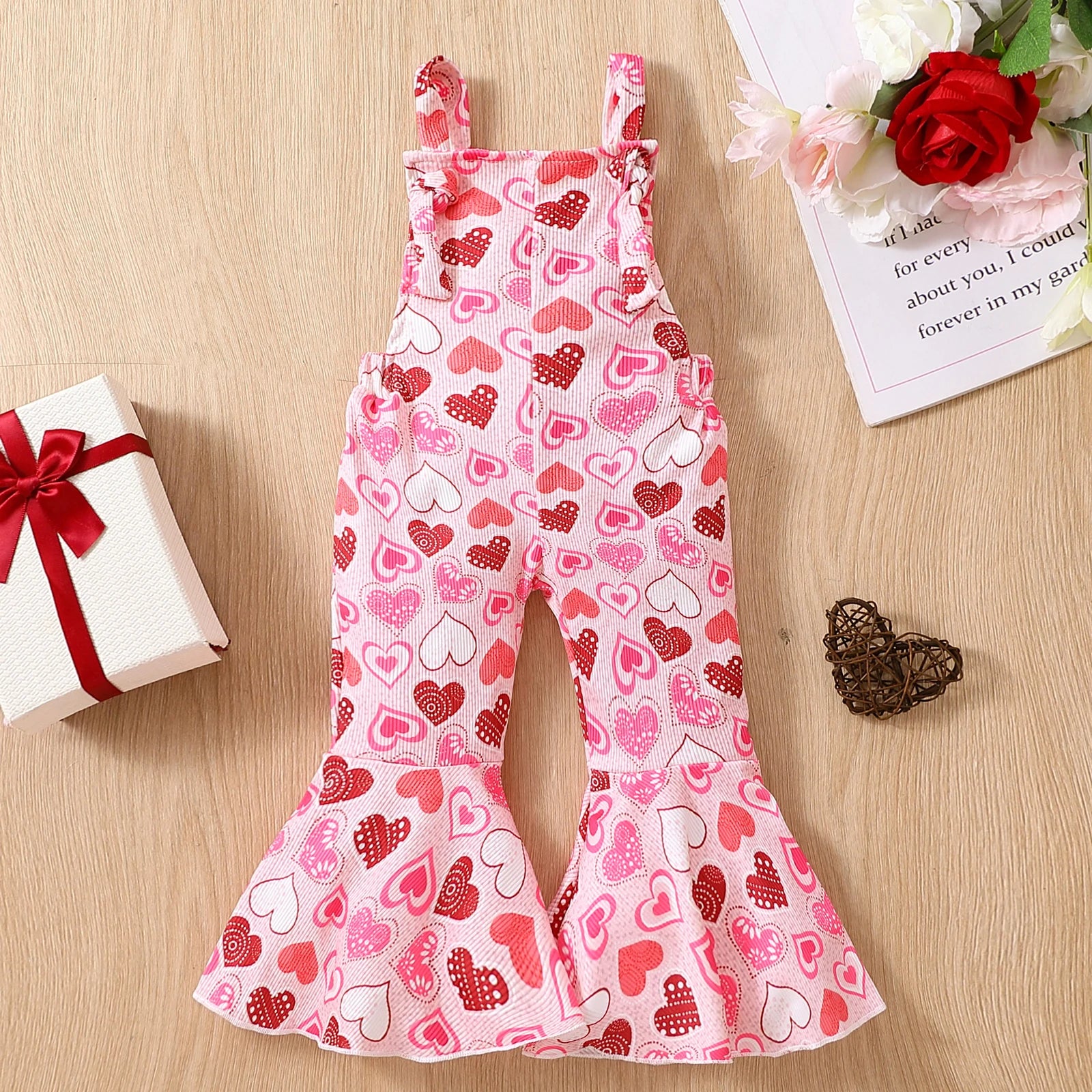 Bell Bottoms Baby Girl Overall with Hearts Print, Valentine's Day Outfit for Toddler and Kids