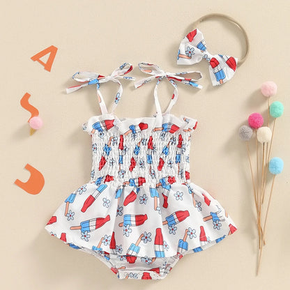 Summer Baby Girl Romper Dress with Headband for Independence Day Holiday, 4th of July Outfit Girl