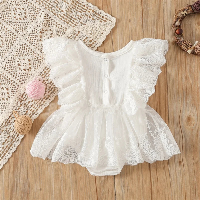 White baby girl dress, Lace Romper for Newborn photoshoot, Simple Smash cake outfit girl, Flutter Muslin jumpsuit for 1st Birthday & Baptism