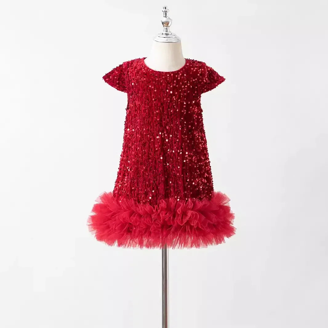 Toddler Girl Christmas Red Dress - Sparkle Sequin & Fluffy Tulle Ruffles