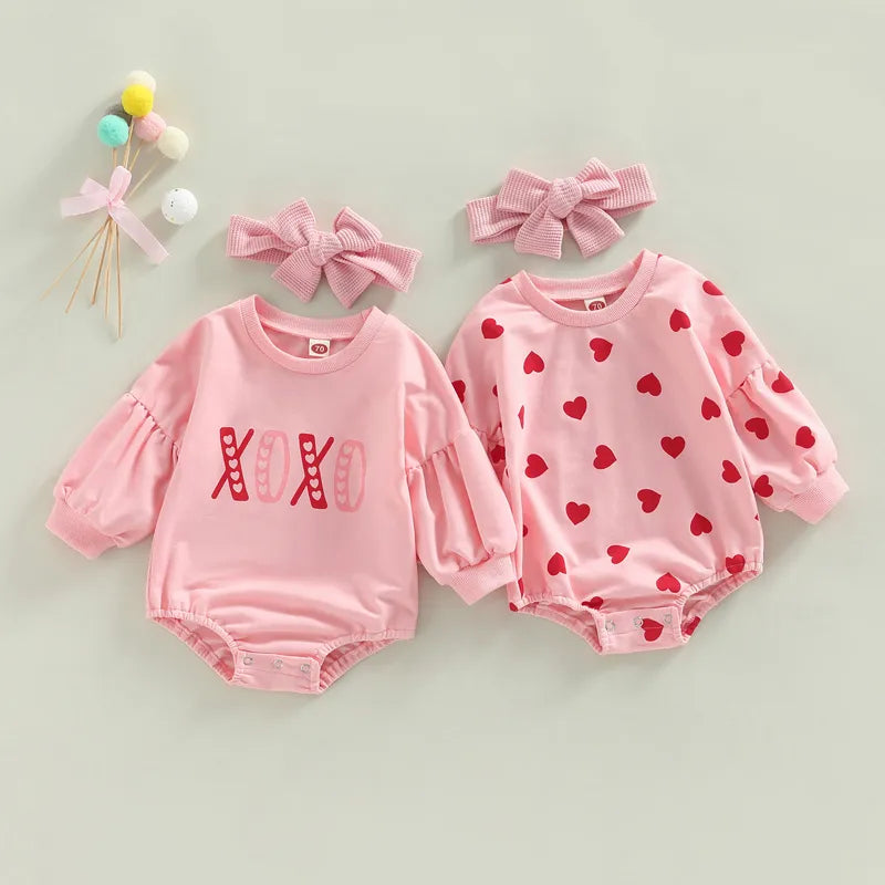 XOXO Pink Heart Baby Girl Romper with Headband for First Valentines Day