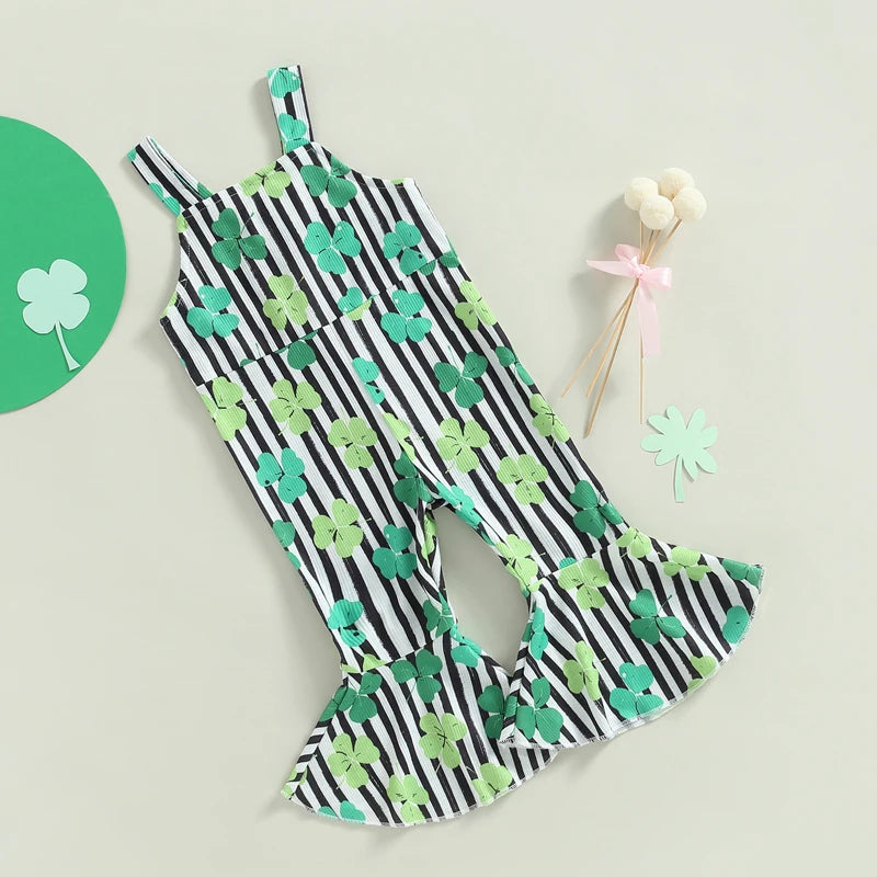 Toddler Girl Bell Bottoms Overall for St. Patrick's Day, Irish Lucky Leaf Clover Kids Flare Jumpsuit