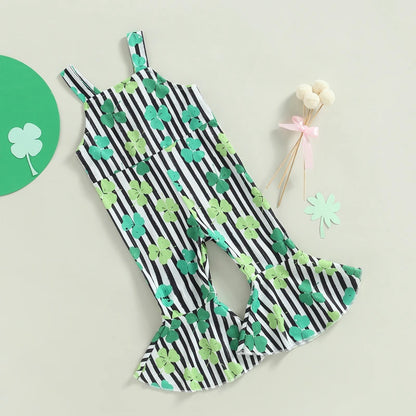 Toddler Girl Bell Bottoms Overall for St. Patrick's Day, Irish Lucky Leaf Clover Kids Flare Jumpsuit