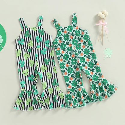 Toddler Girl Bell Bottoms Overall for St. Patrick's Day, Irish Lucky Leaf Clover Kids Flare Jumpsuit