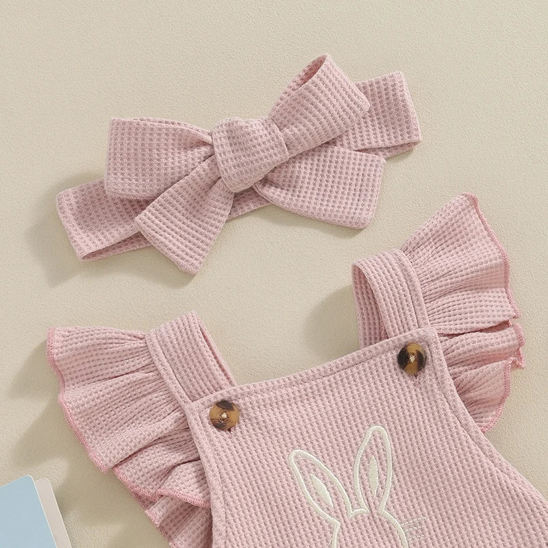 Cute Easter Baby Girls Romper with Little Bunny Rabbit, Newborn Ruffle Bodysuit with Headband bow