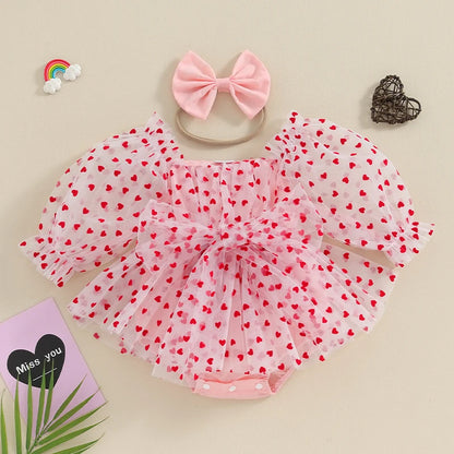 Valentine's Day Infant Outfit with Bow Headband, Long Puff Sleeve Mesh Tulle Romper Dress