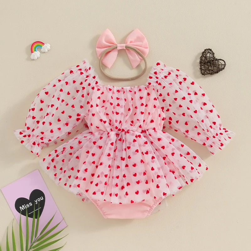 Valentine's Day Infant Outfit with Bow Headband, Long Puff Sleeve Mesh Tulle Romper Dress