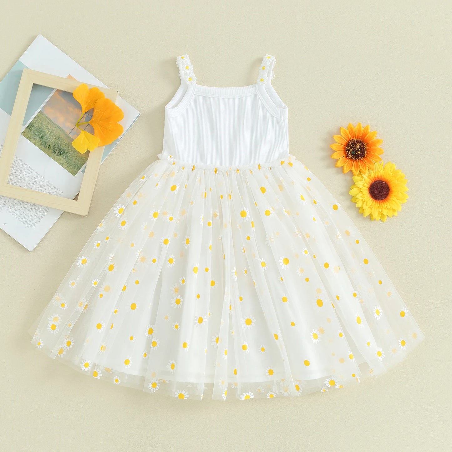 Mesh Tulle Daisy Sundress for Toddler Girl, Sleeveless Summer Birthday Party Dress, Baby Clothes