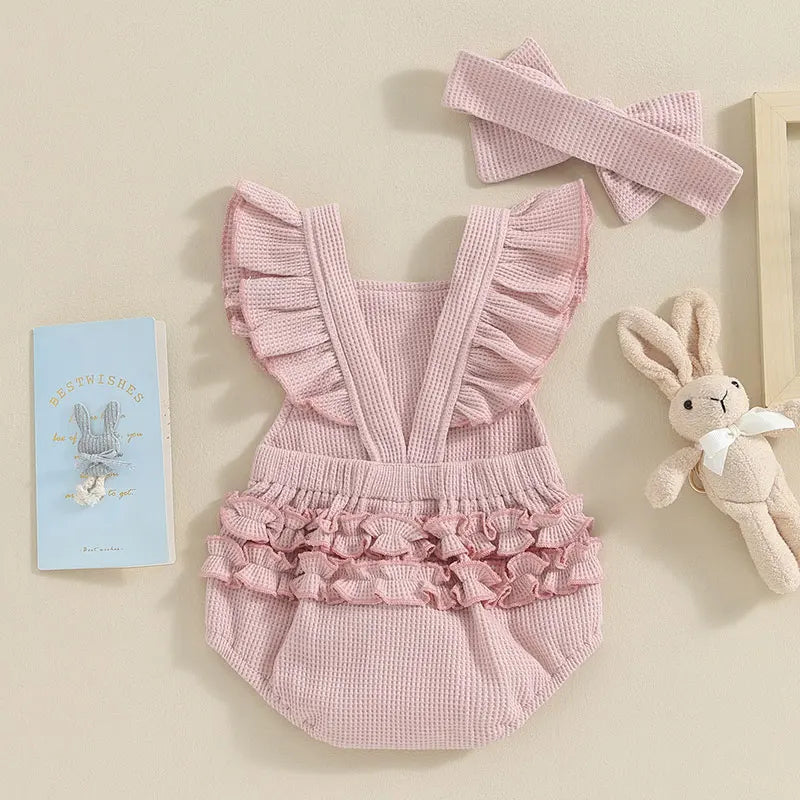 Cute Easter Baby Girls Romper with Little Bunny Rabbit, Newborn Ruffle Bodysuit with Headband pink