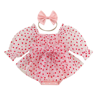 Valentine's Day Infant Outfit with Bow Headband, Long Puff Sleeve Mesh Tulle Romper Dress