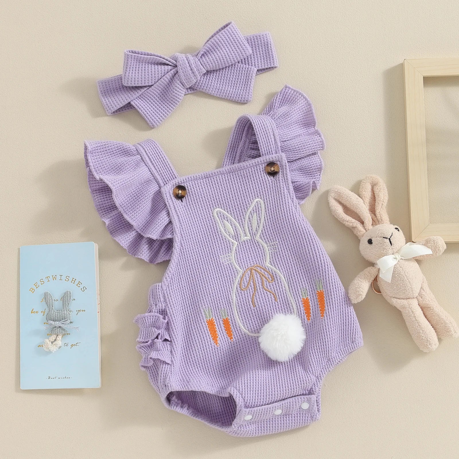 Cute Easter Baby Girls Romper with Little Bunny Rabbit, Newborn Ruffle Bodysuit with Headband purple