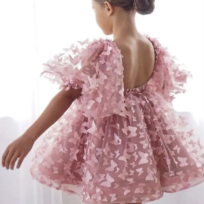 Fashion Baby Girl Little Princess Butterfly Tulle Tutu Dress Puff Sleeve, kids Pageant Party Gown, Special Occasion, Flower Girl Dress, Birthday Baby Clothes