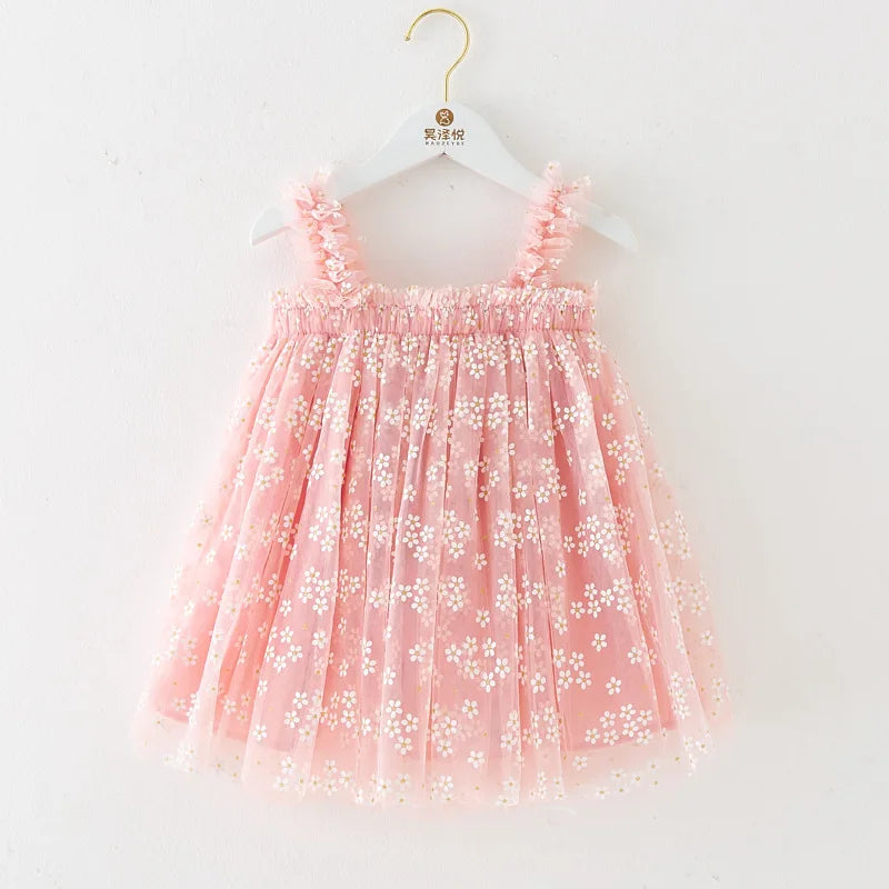 Cute pink summer sundress for a little princess. Daisy Baby Girl Tulle Dress for Special Occasion, Toddler Fairy Princess First Birthday Outfit Easter