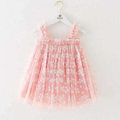 Cute pink summer sundress for a little princess. Daisy Baby Girl Tulle Dress for Special Occasion, Toddler Fairy Princess First Birthday Outfit Easter