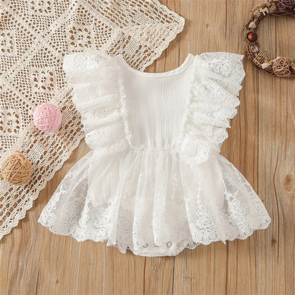 White baby girl dress, Lace Romper for Newborn photoshoot, Simple Smash cake outfit girl, Flutter Muslin jumpsuit for 1st Birthday & Baptism