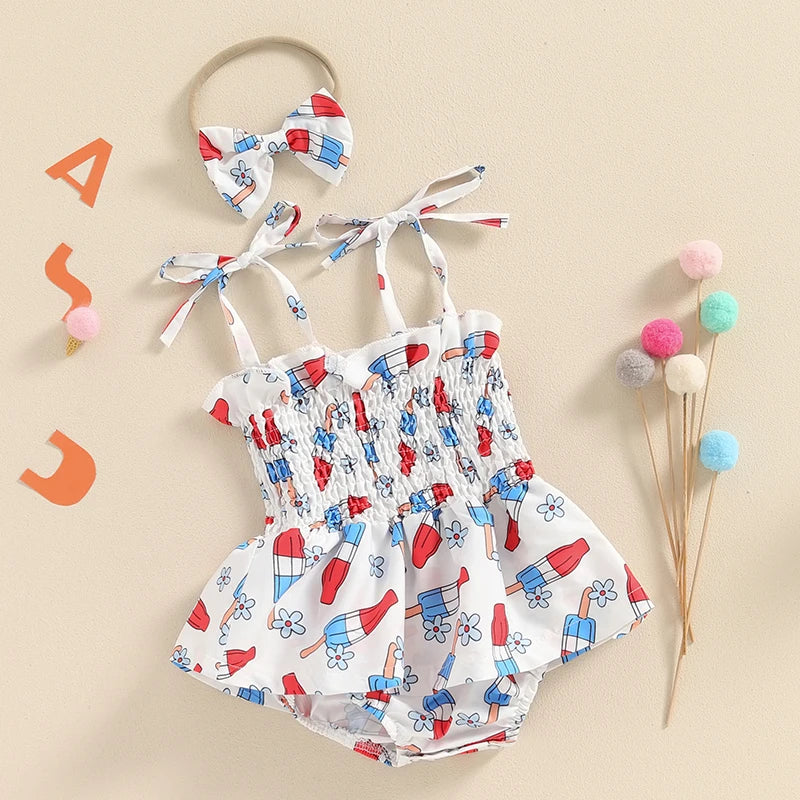 Summer Baby Girl Romper Dress with Headband for Independence Day Holiday, 4th of July Outfit Girl