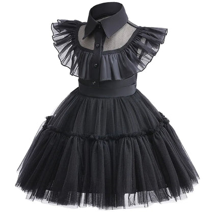 Wednesday Addams Dance Short Dress, Cosplay Black Birthday or Halloween Toddler Girls Costume