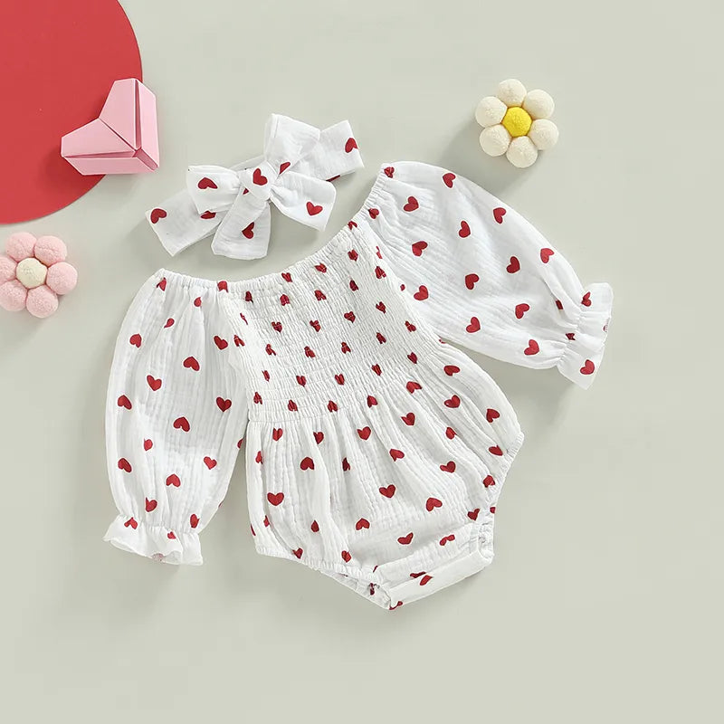 Valentines Days Baby Girl Cute Bubble Romper with Hairband, Cotton Muslin White Bodysuit Hearts