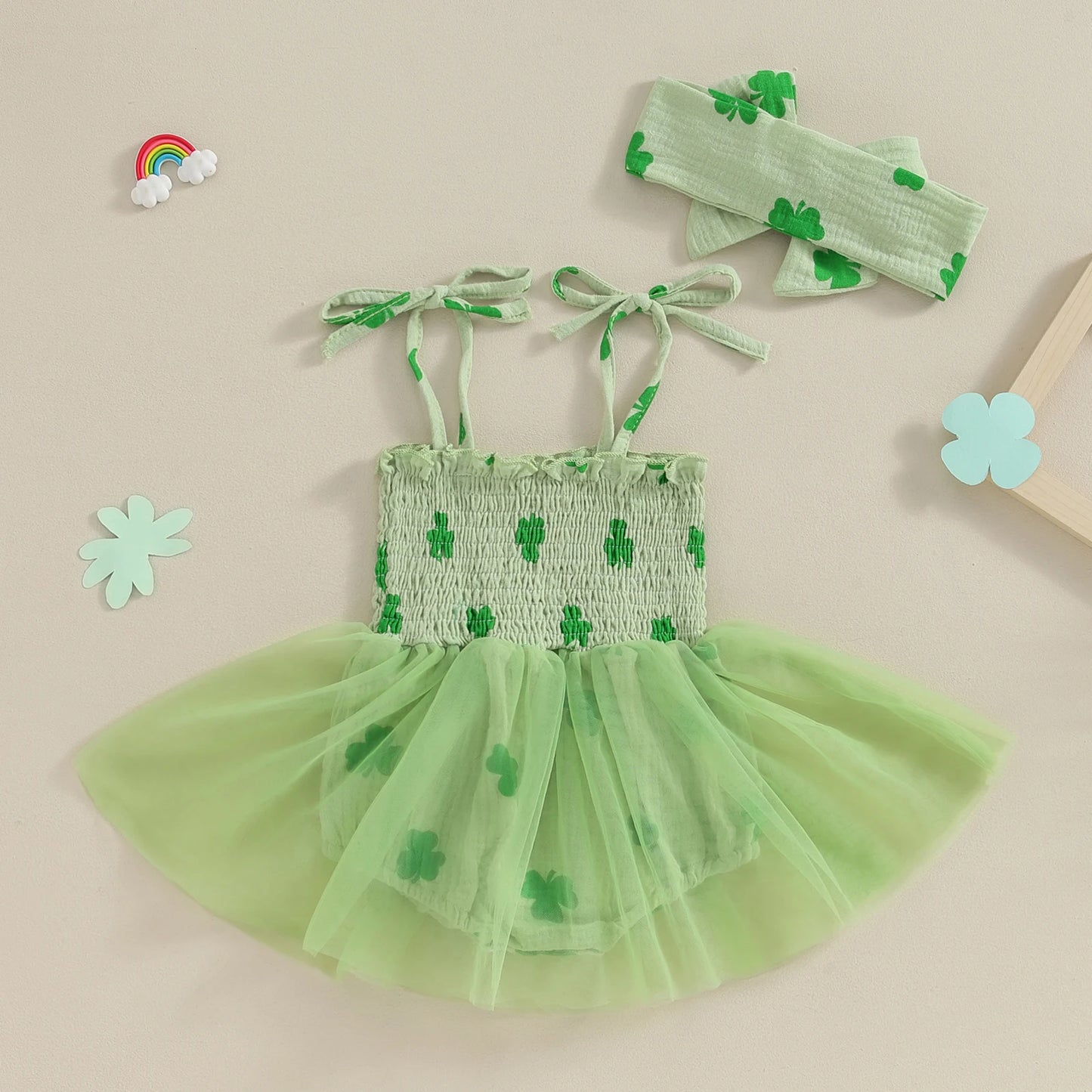 Green Baby Girl Romper with Tulle Tutu Skirt for St. Patrick's Day Newborn Photoshoot, sundress with headband