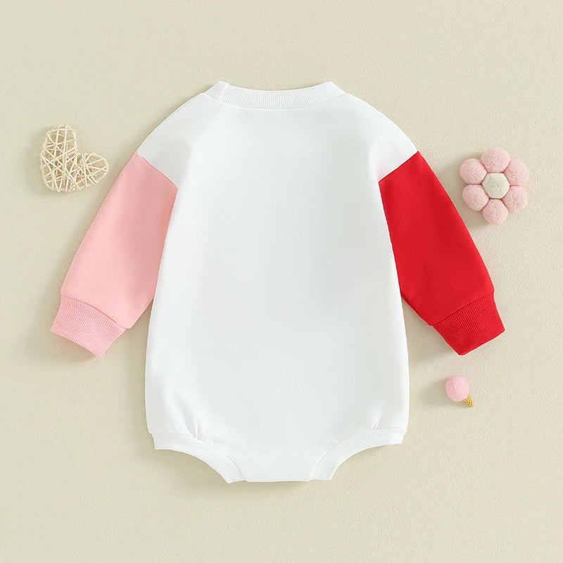 Newborn Infant Baby Girl Valentine Day Romper Clothes Fuzzy Letter Embroidery Round Neck Long Sleeve Sweatshirt Jumpsuit