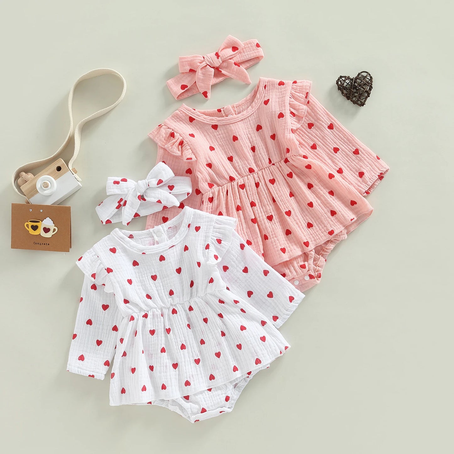 Baby Girl Valentine's Day Romper of Soft Muslin Cotton, Infant Dress Long Sleeve with Headband