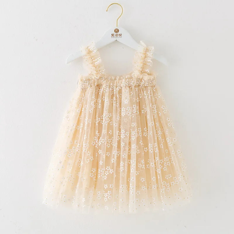 Beige daisy toddler sundress. Daisy Baby Girl Tulle Dress for Special Occasion, Toddler Fairy Princess First Birthday Outfit Easter