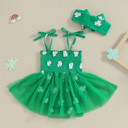 Green Baby Girl Romper with Tulle Tutu Skirt for St. Patrick's Day Newborn Photoshoot, sundress with headband