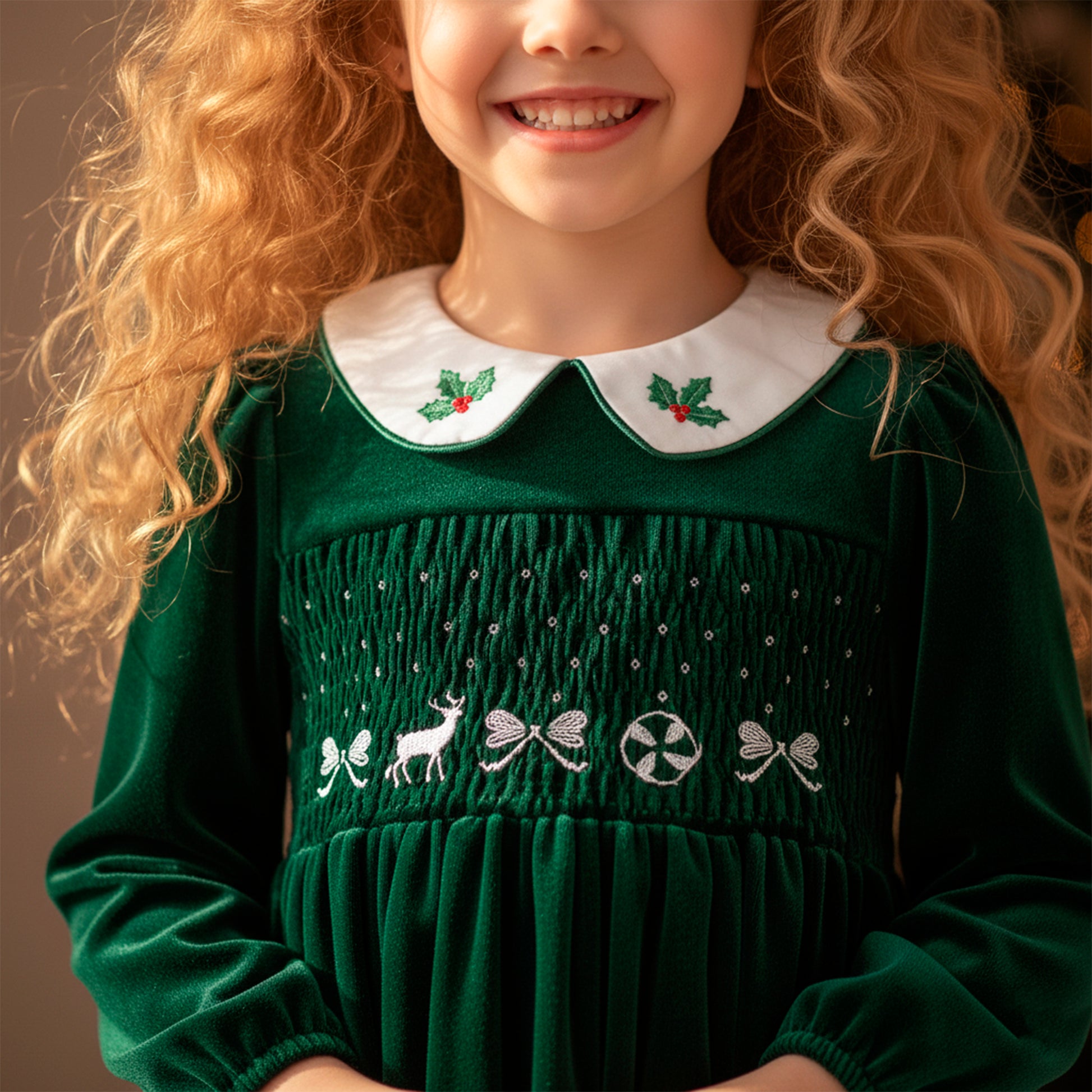 Christmas Girls Dress with Stockings: Emerald Green Velvet Smocked Retro Dress with Embroidery for Toddler Girl, Winter Xmas Holiday Outfit