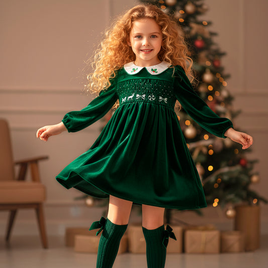 
Christmas Girls Dress with Stockings: Emerald Green Velvet Smocked Retro Dress with Embroidery for Toddler Girl, Winter Xmas Holiday Outfit