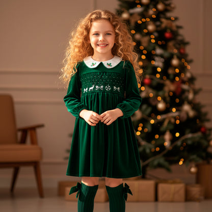 Christmas Girls Dress with Stockings: Emerald Green Velvet Smocked Retro Dress with Embroidery for Toddler Girl, Winter Xmas Holiday Outfit