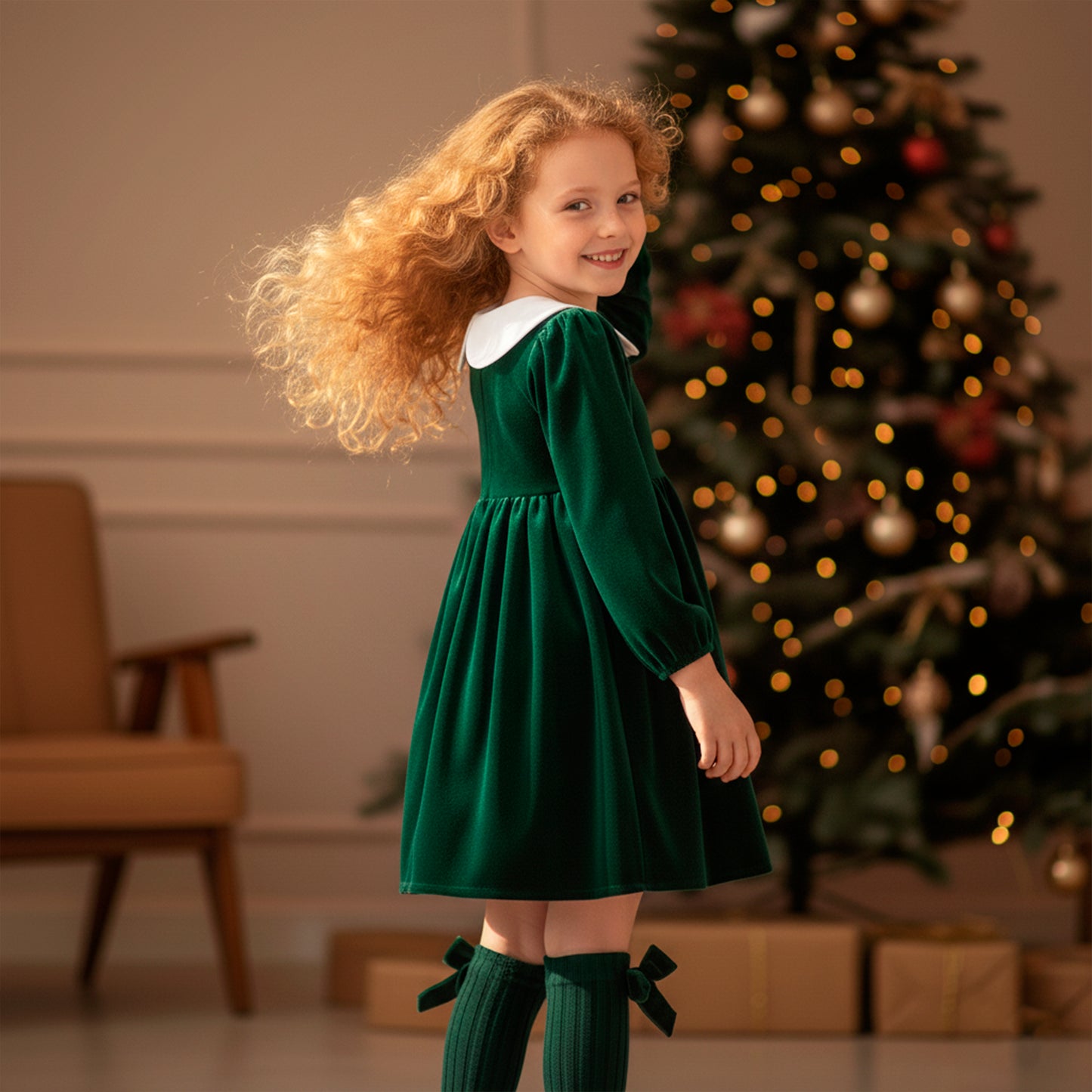 Christmas Girls Dress with Stockings: Emerald Green Velvet Smocked Retro Dress with Embroidery for Toddler Girl, Winter Xmas Holiday Outfit