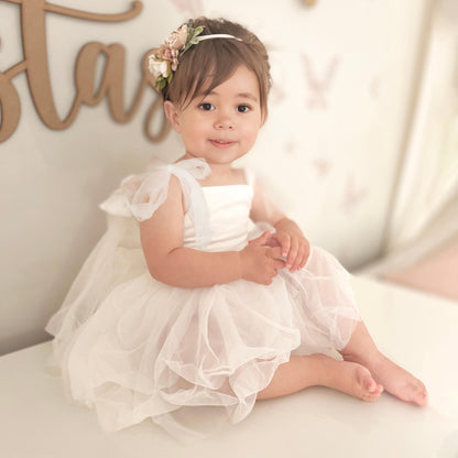 White Flower Girl Dress, Tulle Tutu Dress Romper for Newborn Baby or Toddler Girl with Bow Headband, Birthday Party Gown Special Occasion