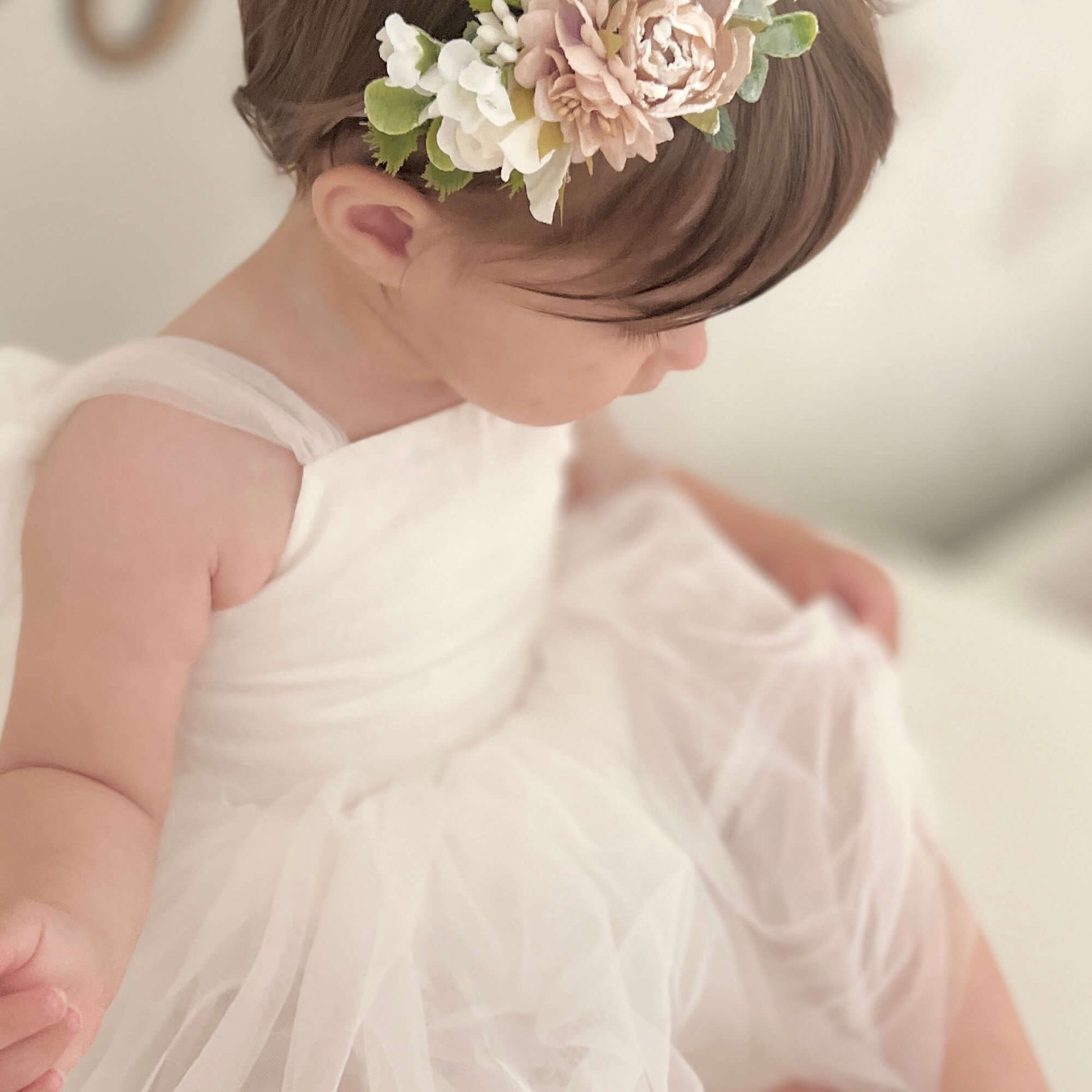 White Flower Girl Dress, Tulle Tutu Dress Romper for Newborn Baby or Toddler Girl with Bow Headband, Birthday Party Gown Special Occasion